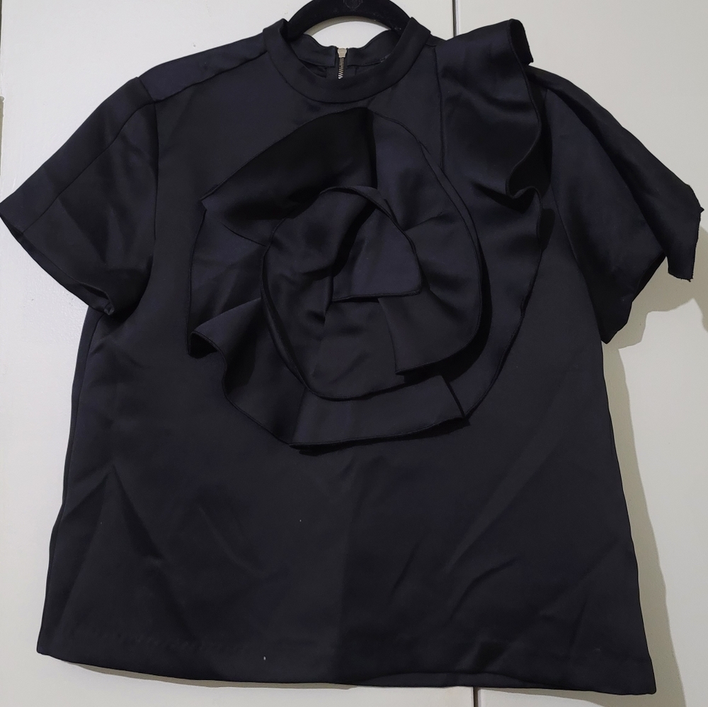 Black Short Sleeve Blouse with Floral Applique